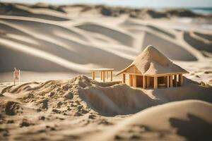 zand duinen en een klein huis in de midden- van de woestijn. ai-gegenereerd foto