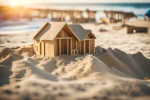 een houten huis Aan de strand met zand. ai-gegenereerd foto
