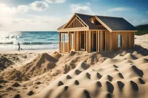 een houten huis Aan de strand met zand. ai-gegenereerd foto