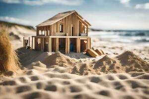 een houten huis Aan de strand met zand. ai-gegenereerd foto