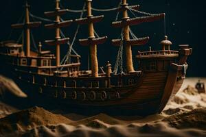 een model- van een piraat schip in de zand. ai-gegenereerd foto