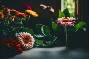 bloemen in een venster dorpel. ai-gegenereerd foto