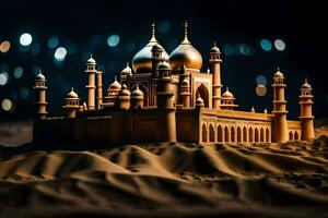 een model- van een moskee in de woestijn. ai-gegenereerd foto