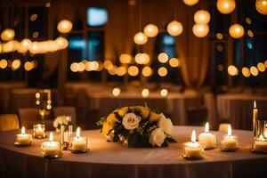 een tafel met kaarsen en bloemen in voorkant van een kamer. ai-gegenereerd foto