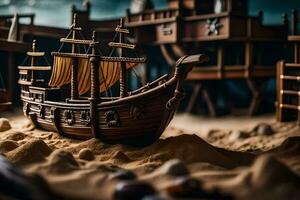 een model- van een piraat schip in de zand. ai-gegenereerd foto