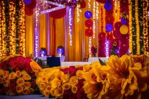 een kleurrijk stadium met bloemen en slingers. ai-gegenereerd foto