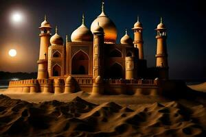 een zand kasteel is getoond in de woestijn Bij nacht. ai-gegenereerd foto