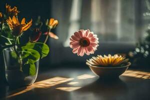 bloemen in een vaas Aan een tafel. ai-gegenereerd foto