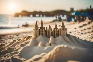 een zand kasteel Aan de strand. ai-gegenereerd foto