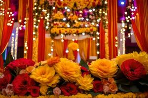 een kleurrijk bruiloft ceremonie met bloemen en slingers. ai-gegenereerd foto