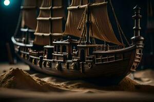 een model- van een schip in de zand. ai-gegenereerd foto