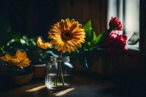 een vaas van bloemen zittend Aan een tafel in de buurt een venster. ai-gegenereerd foto