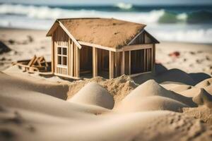 een miniatuur houten huis Aan de strand. ai-gegenereerd foto