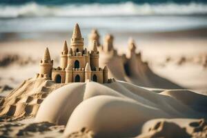 zand kasteel Aan de strand. ai-gegenereerd foto