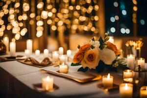 een tafel met kaarsen en bloemen in voorkant van een backdrop van lichten. ai-gegenereerd foto