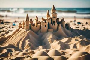 een zand kasteel Aan de strand. ai-gegenereerd foto