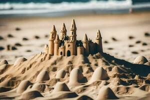 een zand kasteel Aan de strand. ai-gegenereerd foto