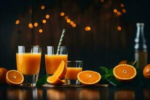 oranje sap met plakjes en sinaasappels Aan een donker achtergrond. ai-gegenereerd foto