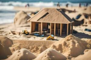 een zand kasteel Aan de strand. ai-gegenereerd foto