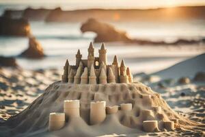 zand kastelen Aan de strand Bij zonsondergang. ai-gegenereerd foto