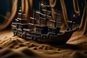 een model- van een piraat schip in een zanderig Oppervlakte. ai-gegenereerd foto