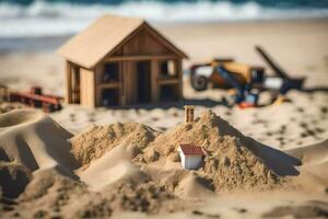 een speelgoed- huis en zand duinen Aan de strand. ai-gegenereerd foto