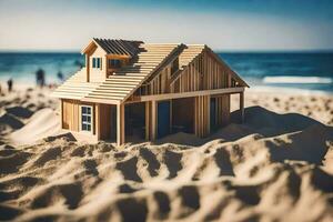 een houten huis Aan de strand met een blauw lucht. ai-gegenereerd foto