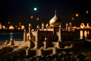 een model- van een zand kasteel in de woestijn Bij nacht. ai-gegenereerd foto