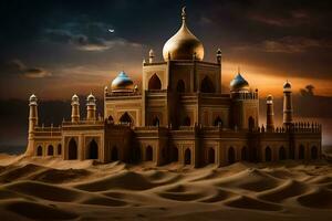 een zand kasteel in de woestijn met een maan in de lucht. ai-gegenereerd foto