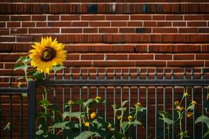 een zonnebloem is in voorkant van een steen muur. ai-gegenereerd foto