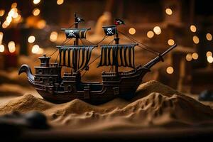 een piraat schip is Aan een zand duin met lichten in de achtergrond. ai-gegenereerd foto