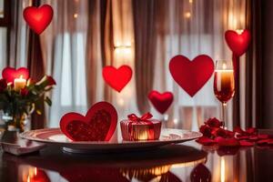 Valentijnsdag dag tafel instelling met rood harten. ai-gegenereerd foto