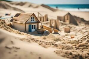 een miniatuur huis zit Aan de zand in voorkant van een strand. ai-gegenereerd foto