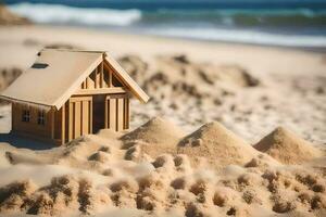 een klein houten huis zit in de zand Aan de strand. ai-gegenereerd foto