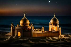een zand kasteel in de woestijn Bij nacht. ai-gegenereerd foto