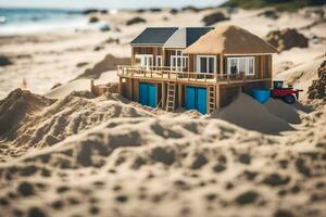 een speelgoed- huis Aan de strand met een auto in de zand. ai-gegenereerd foto
