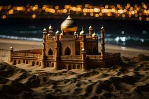 een zand kasteel Aan de strand Bij nacht. ai-gegenereerd foto