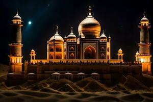 de taj mahal is lit omhoog Bij nacht. ai-gegenereerd foto