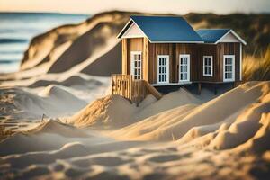 een miniatuur huis zit Aan top van zand duinen. ai-gegenereerd foto