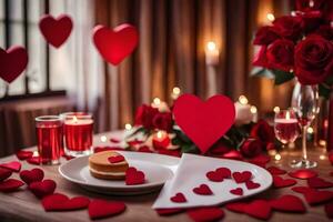 Valentijnsdag dag tafel instelling met rood harten. ai-gegenereerd foto