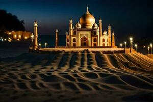 een moskee in de zand Bij nacht. ai-gegenereerd foto