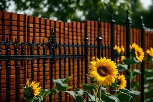 een hek met zonnebloemen in voorkant van het. ai-gegenereerd foto