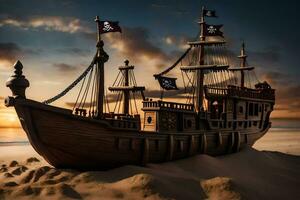 een piraat schip is Aan de strand Bij zonsondergang. ai-gegenereerd foto