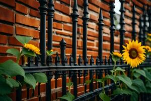 een zwart ijzer hek met zonnebloemen groeit Aan het. ai-gegenereerd foto