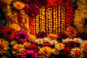 een bloem arrangement is gemaakt uit van rood, geel en oranje bloemen. ai-gegenereerd foto