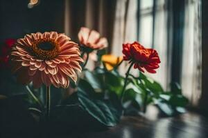 bloemen in een vaas Aan een tafel in de buurt een venster. ai-gegenereerd foto