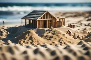 een miniatuur houten huis Aan de strand. ai-gegenereerd foto