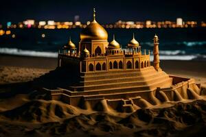 een zand kasteel Aan de strand Bij nacht. ai-gegenereerd foto