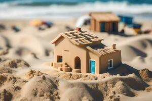 een zand huis Aan de strand met een blauw deur. ai-gegenereerd foto
