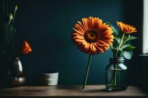 oranje bloemen in een vaas Aan een tafel. ai-gegenereerd foto